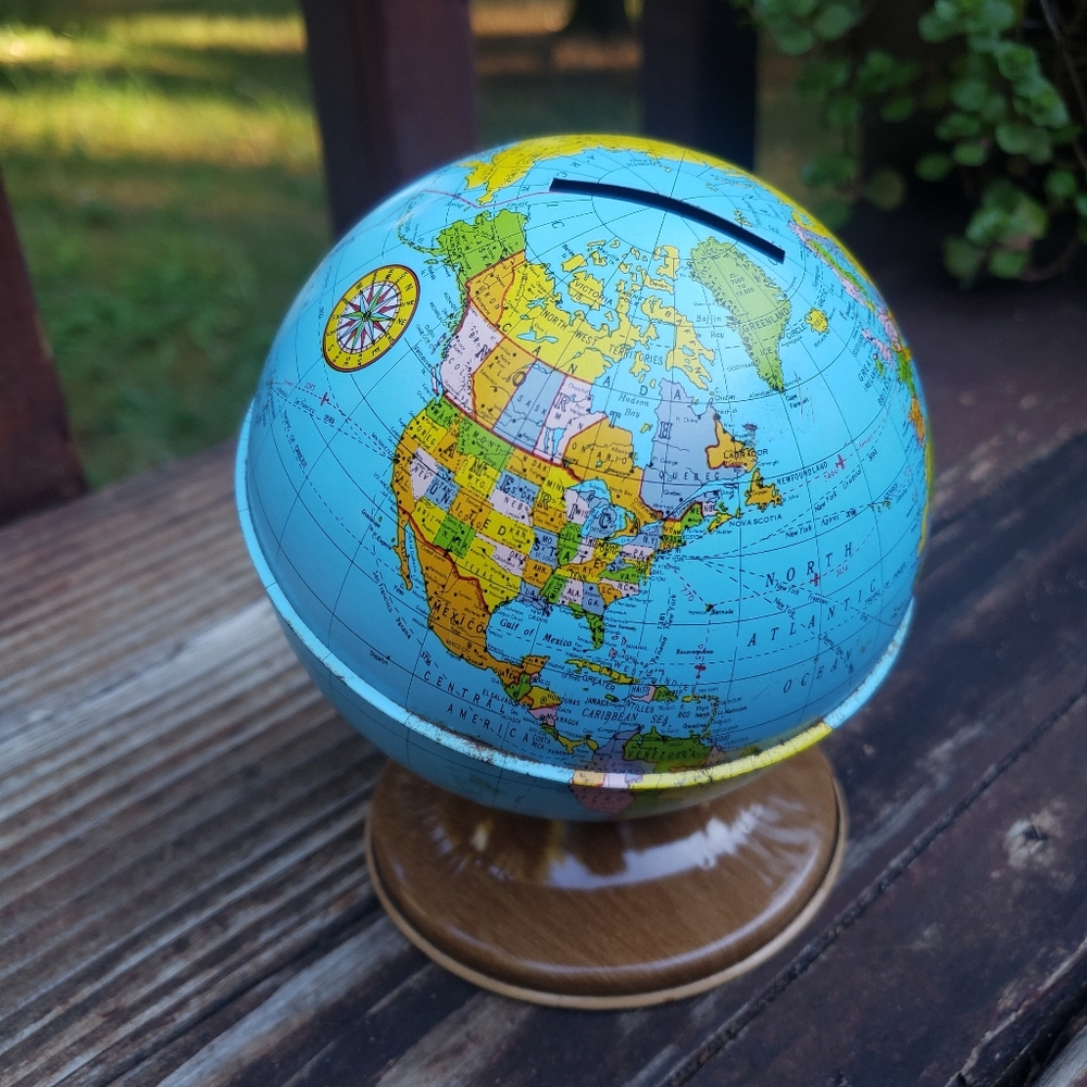 Vintage Mini World Globe Bank - Metal/Tin